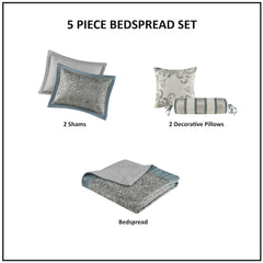 5 Piece Jacquard Bedspread Set with Throw Pillows Teal Queen