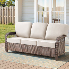 75.2" Outdoor Brown Wicker Patio Sofa with T Shape-Back Cushions and 5" Thick Foam, for Porch or Backyard, Beige
