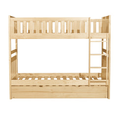 Twin Over Twin Bunk Bed with Trundle Natural Pine Finish Sturdy Ladder Wooden Transitional Bedroom Furniture 1pc Children Bed