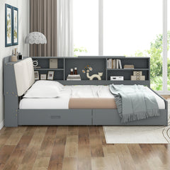 Wood Full Size platform bed with Storage Headboard, Shelves and 2 Drawers, Gray