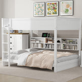Queen over Queen Bunk Bed with Storage Cabinets and USB Ports, White