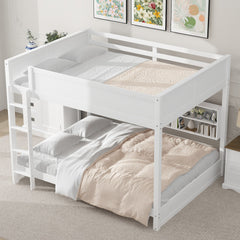 Queen over Queen Bunk Bed with Storage Cabinets and USB Ports, White