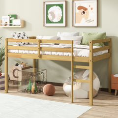 Solid Wooden, Rubber Wooden Twin Loft Bed with Ladder, Bed Platform of Strengthened Slats, Natural