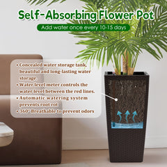 Pack of 2 Brown Color Square Planter 22-Inch High Faux Rattan Design Flower Pot with Automatic Watering System for Porch Patio Backyard Makes Keeping Flowers Easier