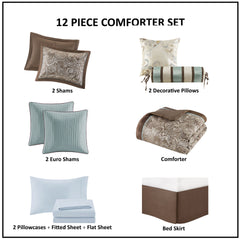 12 Piece Comforter Set with Cotton Bed Sheets Blue/Brown Full