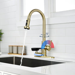 3-in-1 Kitchen Faucet with Press-Type Glass Rinser, Universal for 1 & 3 Holes, High-Arc Pull-Down Sprayer with 3 Function Spray Mode, Brushed Gold Finish