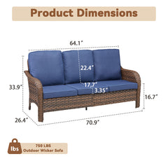 70.9" PE Wicker Rattan Outdoor Furniture Set, 3 Seat Sofa with Blue Deep Seat Cushions
