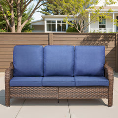 70.9" PE Wicker Rattan Outdoor Furniture Set, 3 Seat Sofa with Blue Deep Seat Cushions