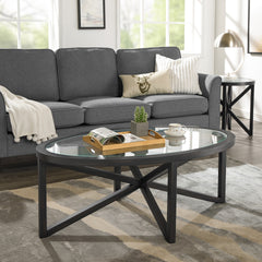 Modern simple glass coffee table, tempered glass coffee table solid wood base round transparent glass top modern living room terrace study coffee table