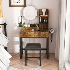 Makeup Vanity with LED Lights&3 Color and Power Outlet Makeup Vanity Table with 2 big Drawers with Sturdy Metal Leg and Metal Chair ,Dressing Table for Bedroom Dressing Room (brown)