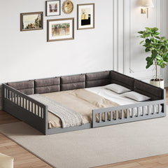 Wood Full Size Upholstered Platform Bed with Guardrail and Pillow, Gray