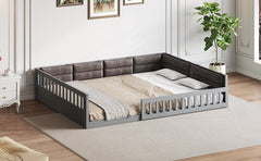 Wood Full Size Upholstered Platform Bed with Guardrail and Pillow, Gray