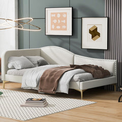 Twin Size Upholstered Daybed with Headboard and Armrest, Support Legs, Beige