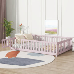 Full Size Floor Bed with Fence and Door,Rubber Wood Floor Bed with Safety Guardrails,Pink