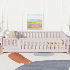 Full Size Floor Bed with Fence and Door,Rubber Wood Floor Bed with Safety Guardrails,Pink