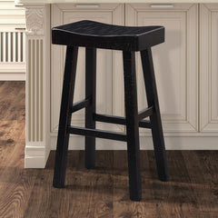 Traditional Solid Wooden Stool Set of 2pc, Contour Seat Black 29"H