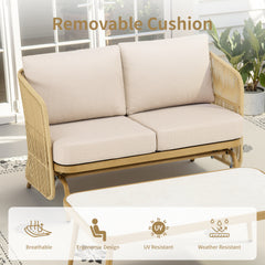 2-Person All-Weather PE Rattan Glider Loveseat with Coffee Table, Outdoor Patio Sofa Set with Beige Cushions (Weather-Resistant)