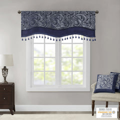 Jacquard Window Rod Pocket Valance With Beads Navy 50x18"