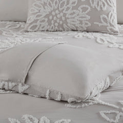 3 Piece Tufted Cotton Chenille Floral Comforter Set Warm Grey/White Full/Queen