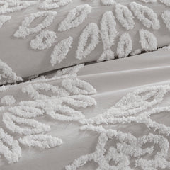 3 Piece Tufted Cotton Chenille Floral Comforter Set Warm Grey/White Full/Queen