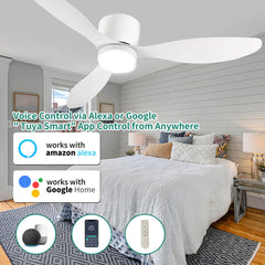 52" Smart Flush Mount Ceiling Fans with Lights Remote,Quiet DC Motor,Outdoor Indoor Low Profile white Ceiling Fan,Control with WIFI Alexa App,Dimmable,ABS blades,for Modern Bedroom Patio