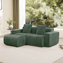 Streamlined Design Modular 2 Seat L Shape Sectional Boneless Sofa with French Edge Piping, No Assembly Required, 2-Seat Sofa Couch with Throw Pillows and 1 Movable Ottoman, Velvet Fabric Green