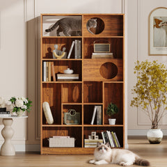 Modern 2 IN 1 Wood Bookshelf Cat House, Cat Tree Display Case with Storage, Cat Litter Box Enclosure Climbing Shelf - BROWN