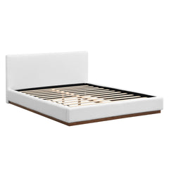 Elegant White Fabric Upholstered Bed With Nice Wood Grain Textured Solid Wood Base Frame,White,Queen