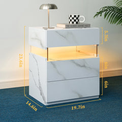 LED Nightstands 3 Drawer Dresser for Bedroom End Table with Acrylic Board LED Bedside Tables (White Stone)