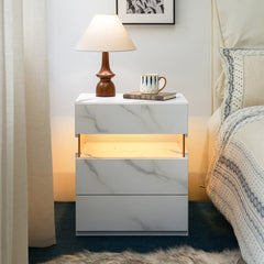 LED Nightstands 3 Drawer Dresser for Bedroom End Table with Acrylic Board LED Bedside Tables (White Stone)