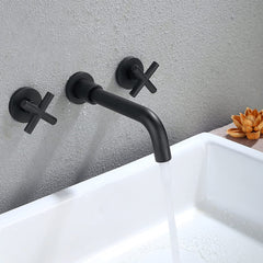 Wall Mounted Dual Handle Bathroom Sink Faucet with Pop-Up Drain (No Overflow)