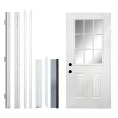 36 x 80 Fiberglass Entry Door, 4-9/16 in. New Packaging Vinyl Frame,9 Lite Low-E Glass - Primed Front Door for Home's Front Entrance, Right Hand Inswing, White Oak Wooden Grain Knock-Down Door