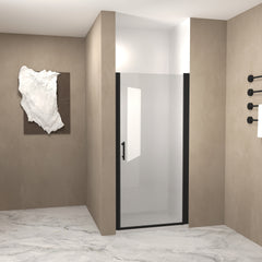 28"x 72" Pivot Shower Door, Matte Black Aluminum Frame, Half Frame ,1/4"(6mm) Tempered Glass Explosion Proof Film,Stainless Steel Handle