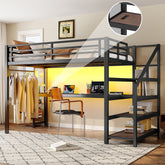 Twin XL Loft Bed with Desk and Storage Stairs, Metal Loft Beds with LED Lights, USB Ports, Multifunctional Iron Nets, No Spring Box Needed and Noise-free, Black