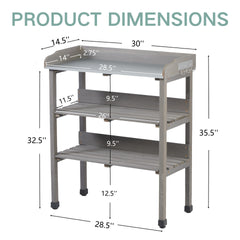 30″x14.5″×35.5″ Potting Table w/Metal Tabletop, 3 Layers Outdoor Work Bench w/Hook for Garden, Solid Wood Workstation for Garage