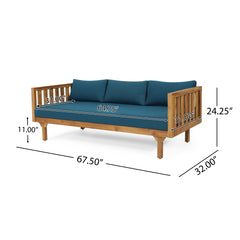 Acacia Wood Patio Furniture Set,Outdoor 3 Seater Daybed(with Water Resistant Thick Cushions)and Round Coffee Table, Dark Teal Cushion