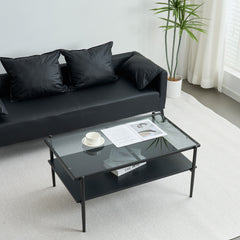 Rectangle Coffee Table with Gray Tempered Glass top and Black Legs,Modern Table for Living Room