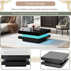 ON-TREND High Gloss Minimalist Design with LED Lights, 2-Tier Square Coffee Table, Center Table for Living Room, 31.5''x31.5''x14.2'',Black