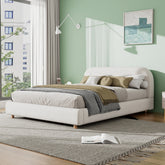 Queen Size Upholstered Bed With Boucle Fabric,Curved-Shape Design Thick Headboard, Solid Wood Legs,White