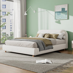 Queen Size Upholstered Bed With Boucle Fabric,Curved-Shape Design Thick Headboard, Solid Wood Legs,White