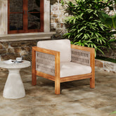 Acacia Wood Outdoor Club Chair with Beige Rope Arm and Beige Cushions,400 lbs Capacity