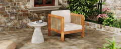 Acacia Wood Outdoor Club Chair with Wicker Armrest and Beige Cushions,400 lbs Capacity