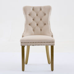 Mid-Century Modern Chairs with Lion Head Pull Ring,High-end Tufted Solid Wood Contemporary Velvet Upholstered Dining Chair with Golden Wooden Legs Nailhead Trim 2-Pcs Set,Beige,SW1201BG