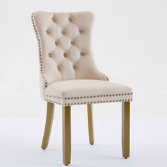 Mid-Century Modern Chairs with Lion Head Pull Ring,High-end Tufted Solid Wood Contemporary Velvet Upholstered Dining Chair with Golden Wooden Legs Nailhead Trim 2-Pcs Set,Beige,SW1201BG