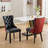 A&A Furniture, Nikki Collection Modern, High-end Tufted Solid Wood Contemporary PU and Velvet Upholstered Dining Chair with Wood Legs Nailhead Trim 2-Pcs Set, Black+WineRed, Burgundy,SW2101BW
