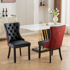 A&A Furniture, Nikki Collection Modern, High-end Tufted Solid Wood Contemporary PU and Velvet Upholstered Dining Chair with Wood Legs Nailhead Trim 2-Pcs Set, Black+WineRed, Burgundy,SW2101BW
