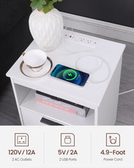 Nightstand with Charging Station,End Table with 2 Drawers,Wooden End Table with Drawer and Opening Shelf,Side Table for Bedroom, White