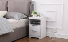 Nightstand with Charging Station,End Table with 2 Drawers,Wooden End Table with Drawer and Opening Shelf,Side Table for Bedroom, White