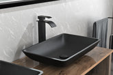 22" L -14" W - 4" H Matte Black Glass Rectangular Vessel Bathroom Sink with Faucet and Pop-Up Drain in Matte Black