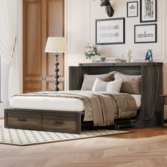 Queen Size Farmhouse Murphy Cabinet Bed with Charging Station, Foldable Platform Bed with Large Storage Drawer for Guest-Room, Small Bedroom, Rustic Gray